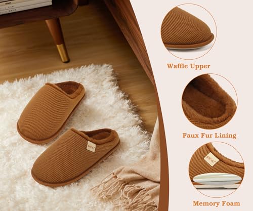 ONCAI Women's House Slippers, Cushion Memory Foam Waffle Upper Home Comfortable Warm Winter Cozy Soft Lightweight Indoor Best House Shoes Non-slip Rubber Sole US Size 5-113