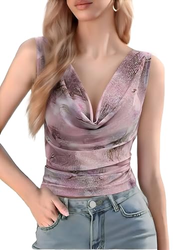 GERT COREL Women's Cowl Neck Sleeveless Top 2034 Sleeveless Ruched Floral Printed Shirts Summer Tank Tops Dusty Pink - image 1