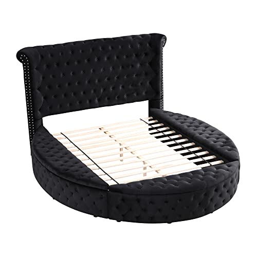 Best Master Furniture Lexi Round Shape Velvet Upholstered Platform Bed with Deep Button Tufting and Storage, King, Black