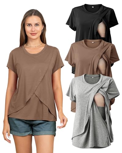 Image of Rnxrbb 3 Pack Women's Nursing Tops for Breastfeeding Summer Short Sleeve T Shirts Postpartum Double Layer Clothes