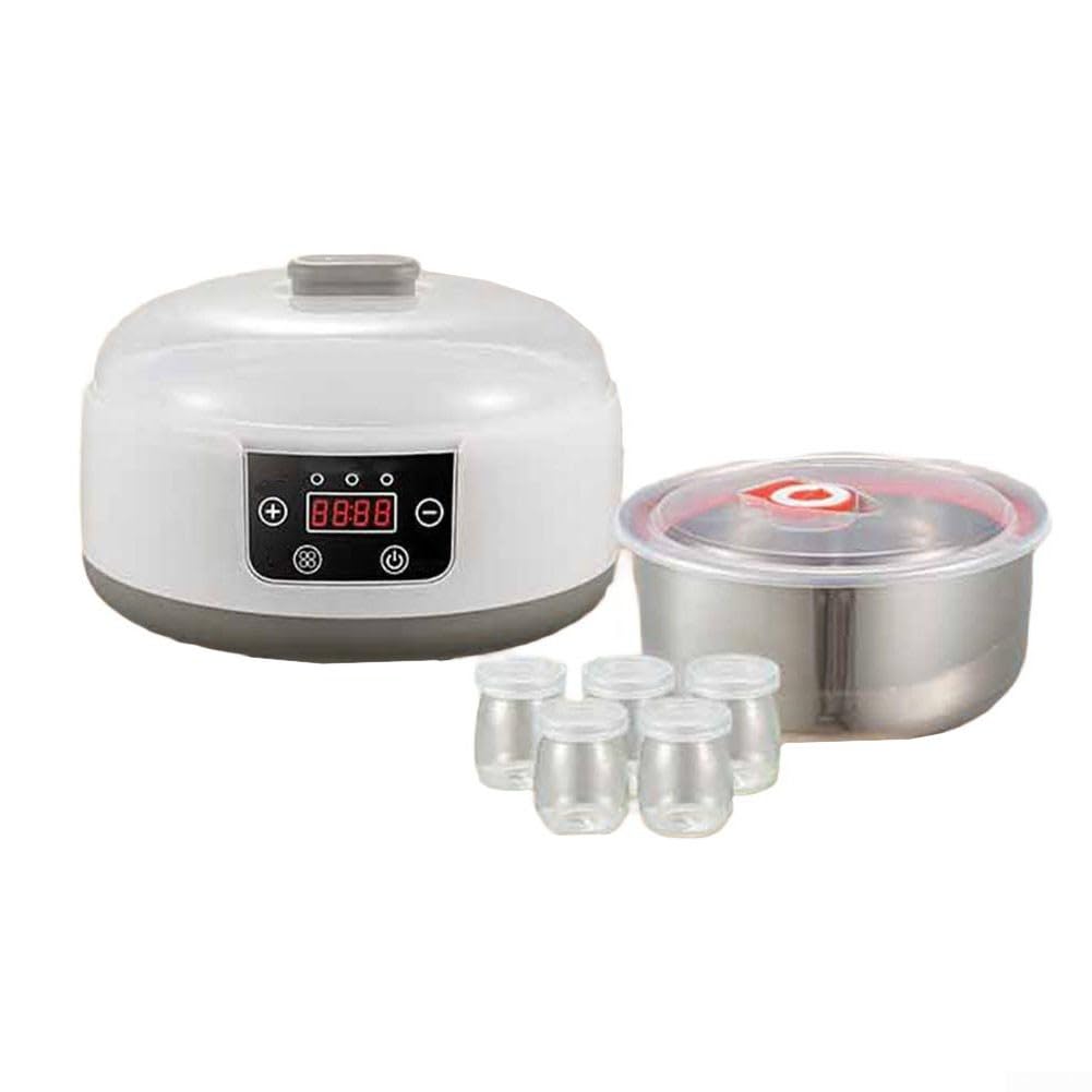 Yogurt Maker digitale con display a LED e controllo del tempo, 5 vasetti di vetro per yogurt naturale biologico, natto, riso, vino, birra, design compatto, 22 x 22 x 15 cm (regolamenti statunitensi)