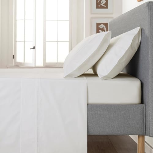 Casa da Laura - Juego de Sábanas en Tonos Marfil con Tira de Encaje Blanca 692-400 Hilos de Algodón Percal - Sábanas para Cama 135/140 cm - con Dos Fundas de Almohada de 50x80 cm