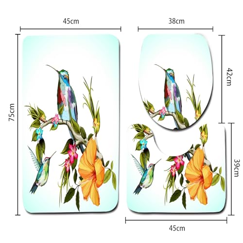 Badezimmerteppich Set Kolibri-Blume Badgarnitur 3 Teilig Mikrofaser Badematten Set rutschfest U FöRmige Duschvorleger Super weich, Schnell Trocknend WC-Garnitur Teppich – Bild 3
