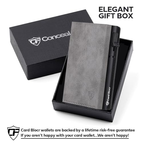 Image of Conceal Plus Smart Pop Up Wallet for Men | RFID Blocking Slim PU Leather Card Holder | Card Ejector Front Pocket Wallet | Holds 4-6 Cards + Cash | Gray & Black PU Leather