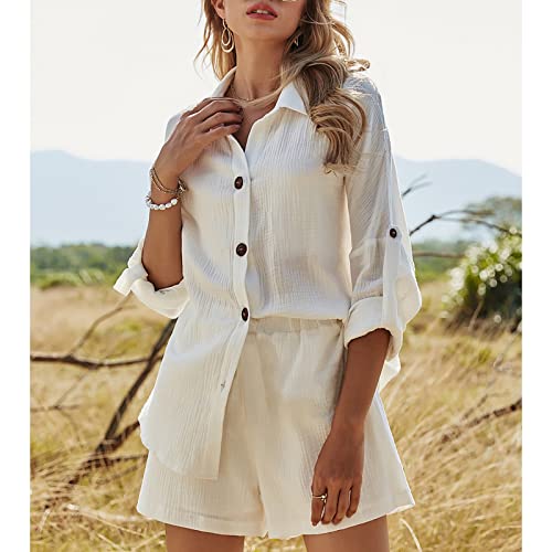 Conjuntos Lounge, Botão de Cor Pura Feminino Terno Casual Poliéster Cintura Elástica Gola Virada par