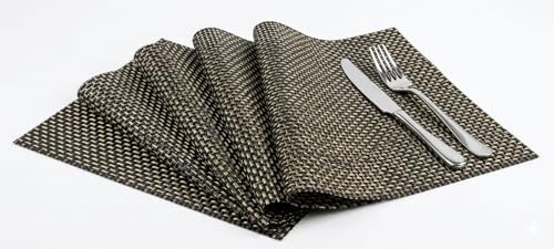 Image of Dribble Premium Anti UV-Mesh Woven PVC Table Placemats Set of 6 - Non-Slip, Heat Resistant, Washable Dining Table Mats for Kitchen, Dining & Office - 45cm X 30cm Durable Textured Design (Black)