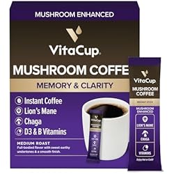 VitaCup Mushroom Coffee Instant Packets, for Memory & Clarity Support, w/Fiber, Chaga, Lion’s Mane, D3, B Vitamins, Medium Roast, 100% Arabica & Robusta Coffee in Single Serve Sticks, 24 Ct