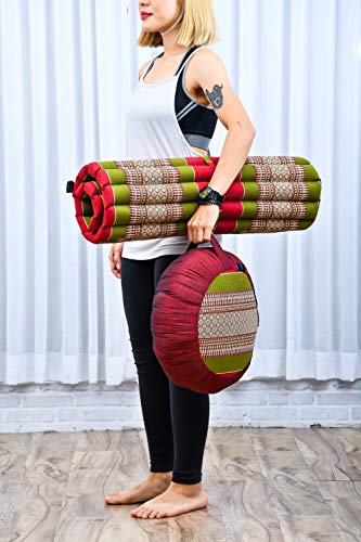 Image of Leewadee Meditation Cushion Set - 1 Round Zafu Meditation Pillow and 1 Square Roll-Up Zabuton Meditation Mat, Pillows Bundle Filled with Kapok