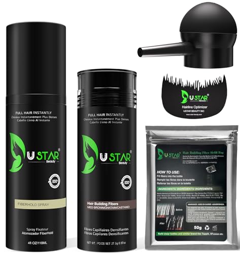Hair Building Fibers Set, USTAR 5 in 1 Hair Fibers for Thinning Hair with Hair Fiber Spray, Natural Hair Filler for Hair Loss Instantly Thicker, Fuller Look, Hair Powder for Men & Women 77.5g (Med Br)