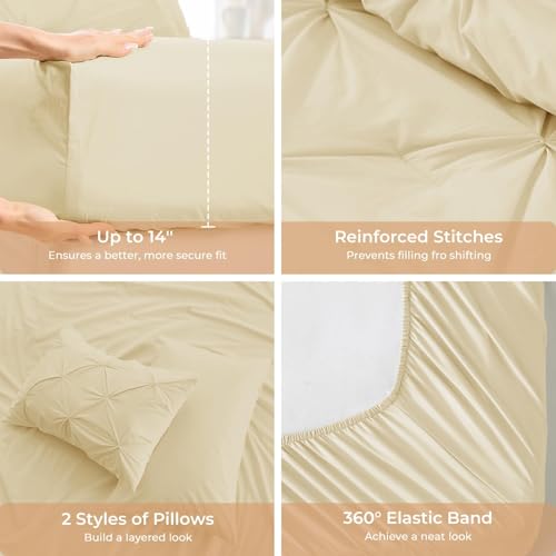 Image of Sasttie Queen Comforter Set, 7-Piece Bed in a Bag, Pintuck Bedding Sets for All Season, Includes Comforter, Flat Sheet, Fitted Sheet, Pillowcases and Pillowshams, Pale Yellow