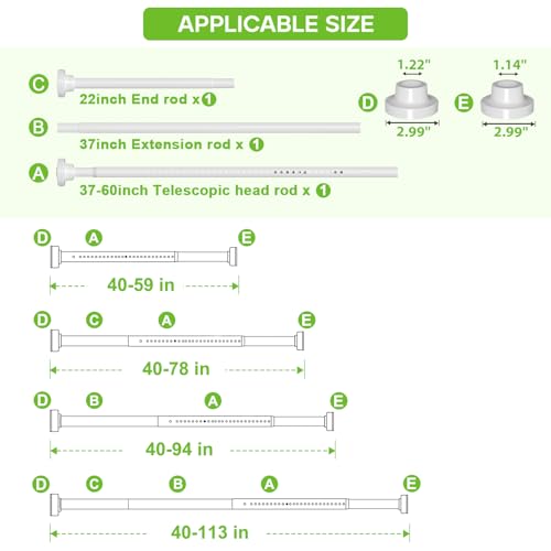 Image of Long Tension Curtain Rod 40-113inch White Curtain Rods no Drilling Adjustable Tension Rod for Windows,bathroom,Patio,Doorway,Heavy Duty Spring Rods Diameter 1.26inch