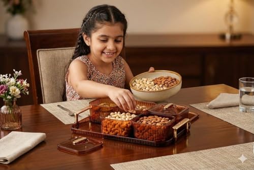 Image of Dry Fruit Serving Set with Tray and Lids, Airtight Container Box, Acrylic Food Grade Candy /Snack Storage for Home /Gifting (6 Pic Set)