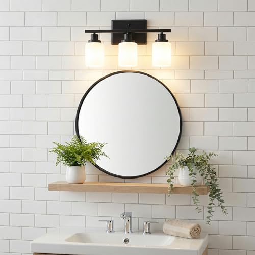 Image of Ascher Bathroom Light Fixtures, 3-Light Vanity Light Over Mirror, Modern Matte Black Wall Sconces with Milky White Shades, Wall Lamp for Kitchen Hallway Cabinet Porch E26 Base