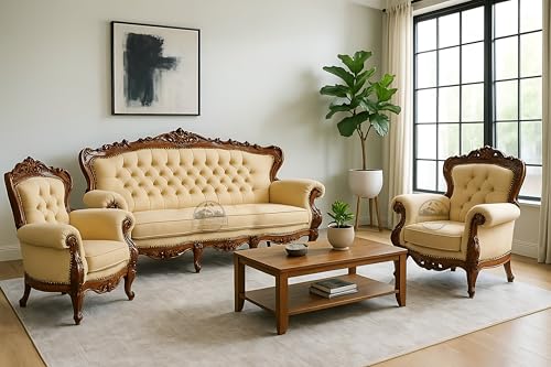 Image of Royal Carved Wooden Sofa Set | 3+1+1 Seater | Antique with Button Tufted Velvet Upholstery | Victorian Style Living Room Furniture Tufted Sofa Set Grey 3-Piece (Design 10)