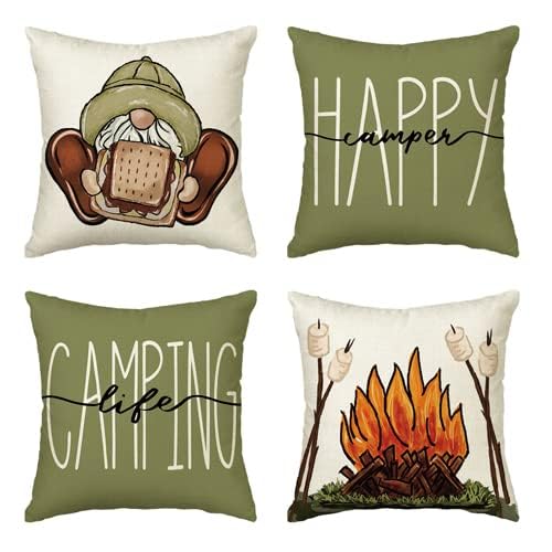AVOIN colorlife Happy Camper Camping Life Throw Pillow Covers 18x18 Set of 4, Gnome S'More Campfire Decoration for Sofa Couch