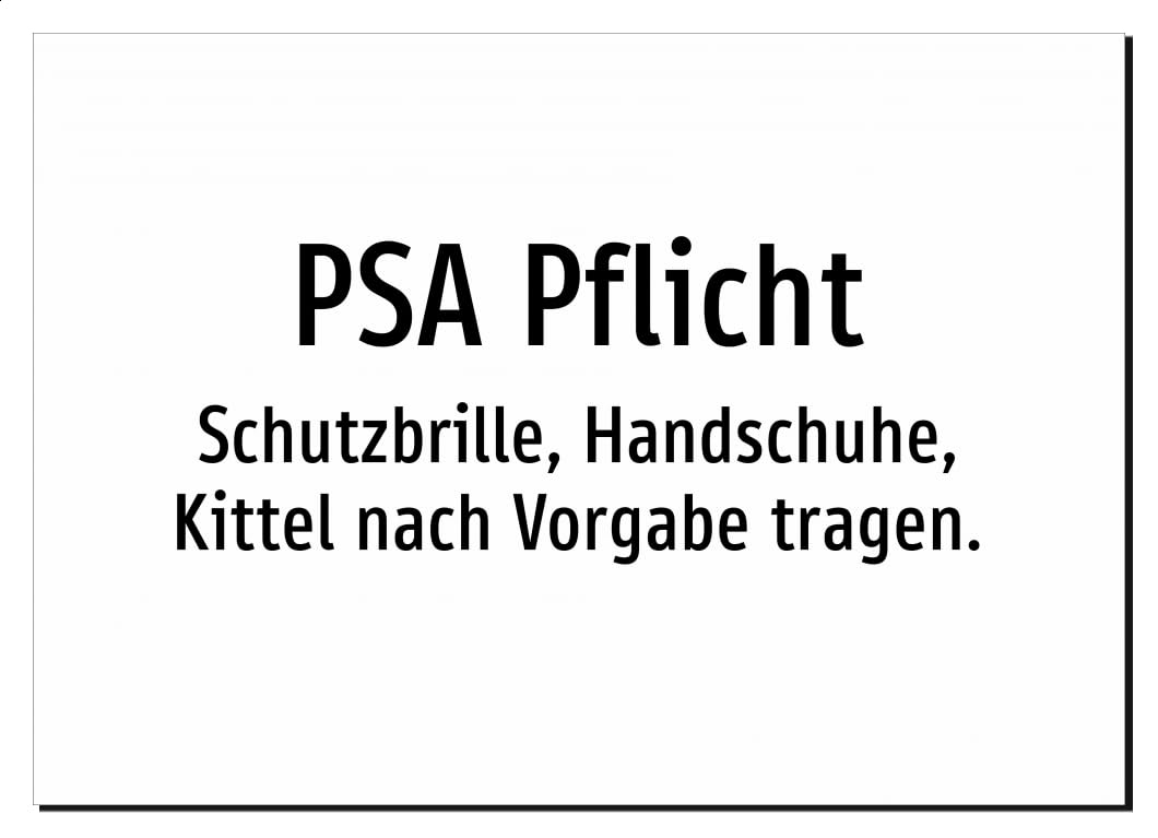 PSA Pflicht - Schutzbrille, Handschuhe, Kittel nach Vorgabe tragen. – Aluminiumschild A2: 594x420mm – Ohne Grafik, nur Text