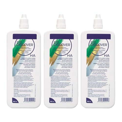 EYE DISCOVER, Líquido Lentillas con Ácido Hialurónico, Solución Única para Lentes de Contacto Blandas, Desinfecta, Elimina las Proteínas, Humecta y Aclara, 3 x 250 ml (3 x 250 ml)