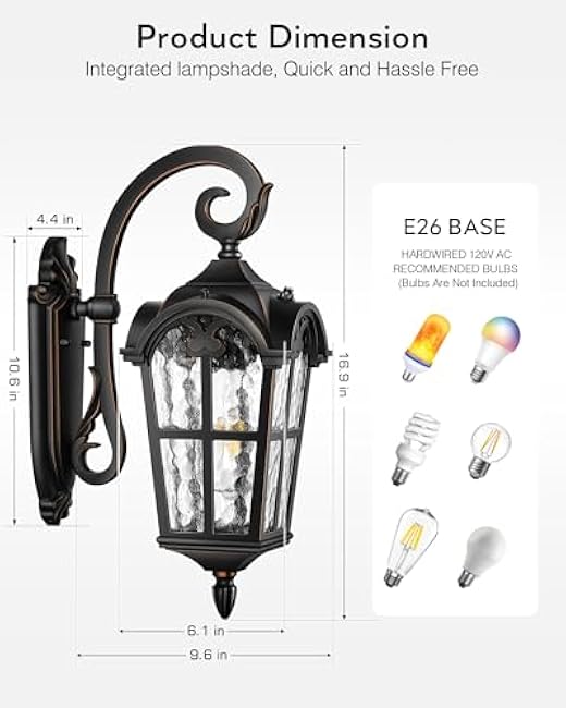 VIANIS Outdoor Wall Light, 16.9 Black Dusk to Dawn Outdoor Lighting with Gold Trim, Outside Light Fixtures Wall Mount with Tempered Water Ripple Glass for Patio, Entryway, Waterproof Anti-Rust