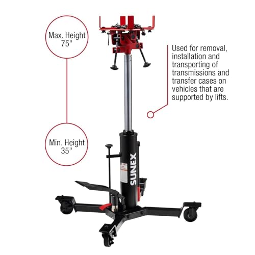 Image of Sunex Tools 7793B 1,000 lb Telescopic Transmission Jack, Hydraulic, Foot Pump Operated, Tilt Saddle with Chain Tie-Down, 74.2 in Max Height