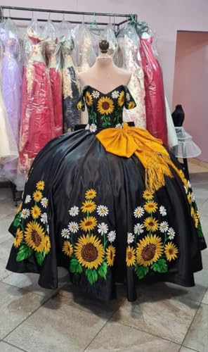 2025 Modern Sunflower Embroidered Ball Gown Prom Formal Dresses Quinceanera Off Shoulder Satin Sweet 16 Long Dress3