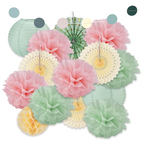 15pcs Paper Lanterns Party Decorations, Sage Green & Blush Pink Paper Lanterns Tissue Pom Poms Streamers Hanging Paper Flowers Lanterns Fans for Bridal Baby Shower Wedding Supplies Decor