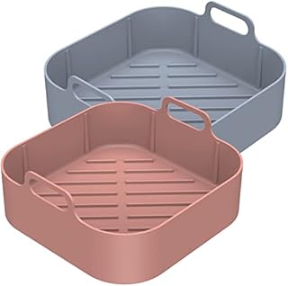 2Pcs Air Fryer Silicone Pot with Handle, Square Reusable Air Fryer Liner Replacement of Parchment Paper Liners Heat Resistant Air Fryer Silicone Basket for Air Fryer Oven Microwave(Oblique Lne)