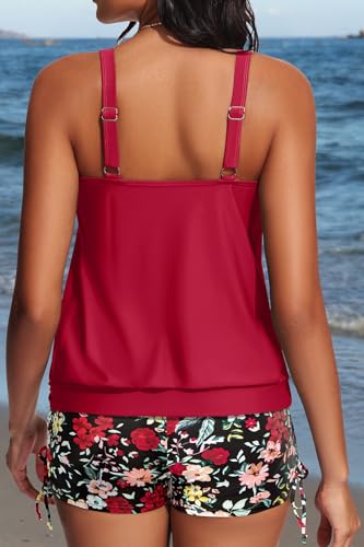 Image of Yonique Blouson Tankini Swimsuits for Women 2 Piece Bathing Suits Tops with Boyshorts Modest Loose Fit Swimwear