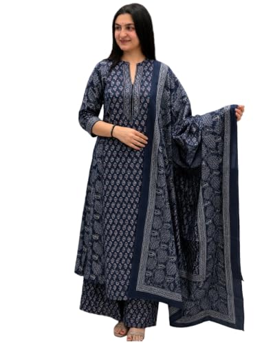 Image of GoSriKi Kurta Sets for Women Viscose Blend Printed | Kurti Set for Woman | Kurta Palazzo Dupatta Set | A Line Kurti | Mandarin Collar 3 /4 Sleeve Suit Set for Women Stylish Ethnic Outfit