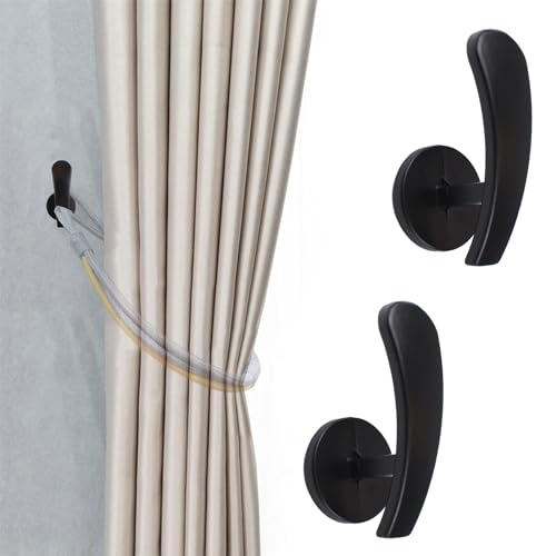 INCREWAY Curtain Holdbacks, 2PCS Self Adhesive Wall Mounted Drapery Tieback Storage Holders Non-Trace Stick Metal Wall Hook Curtain Hooks Hanger for Home Decor, Black
