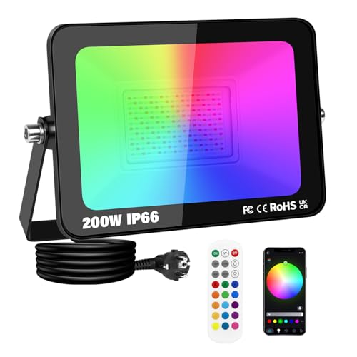 PICAA 1 Pieza 200W Foco Led RGB Exterior, 20000LM APP Control Remoto Proyector Led, Cambio de Color RGBW Estroboscópico, Luz de Pared para Jardín, Fiestas, Terraza