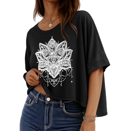 rosemia Oversized Tshirts for Women Summer Graphic Half Sleeve Crop Tops Casual Blouses, Black White Flowers, S