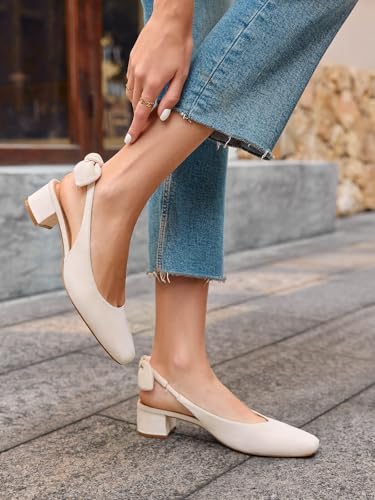 Image of Coutgo Womens Chunky Low Heels Bow Slingback Pumps Closed Square Toe Wedding Party Dress Shoes