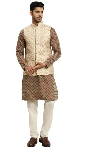 sojanya (Since 1958 Men's Silk Blend Maroon Self design Kurta & Beige embroidery Nehru Jacket With Off-White Churidaar Pyjama-picture-24