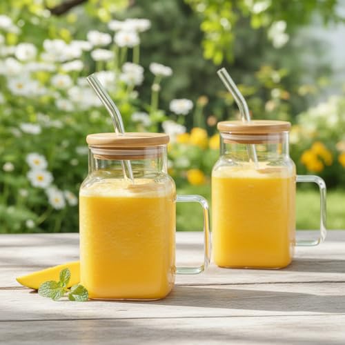 Image of ginoya brothers 600ml Mason Jar with Natural Bamboo Lid, Reusable Glass Straw & Handle | Leak-Proof Silicone Seal Glass Cup for Hot & Cold Beverages (PACK OF 3)