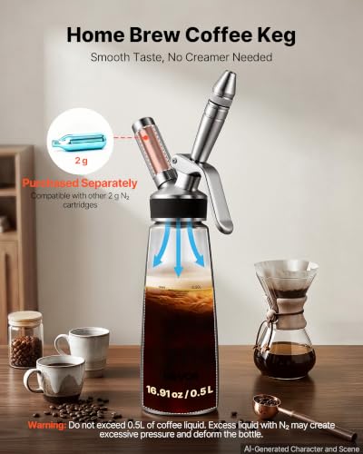 Image of VEVOR Nitro Cold Brew Coffee Maker 17 oz Nitrogen Dispenser System, Home Brew Coffee Keg, Portable Nitrogen Infuser with Dispenser and Pressure Relieving Valve, Gift for Coffee Lovers