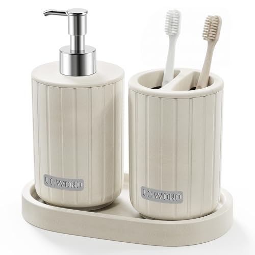 LEWONO Bathroom Accessory Set 3 Pieces with Soap Dispenser Toothbrush Holder and Vanity Counter Tray Stone Look Bathroom Sets Accessories Cream Modern Bath Accessories for Home Decor