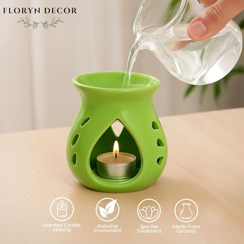 Image of Floryn Decor Ceramic Diffuser with Free 2 Tealight Candles | Home Fragrance, Spa, Office & Yoga | Aromatherapy Gift Set of 2 (Green)