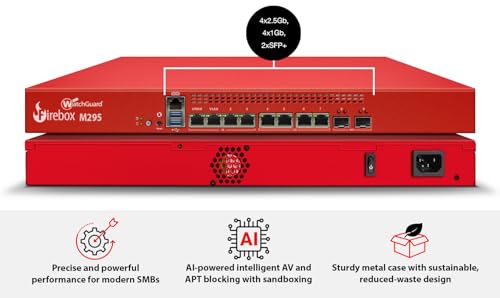 Image of WatchGuard Firebox M295 with 3 Year Basic Security Suite - Rackmount Firewall, 4X 2.5Gb RJ45 + 4X 1Gb RJ45 & 2X 10Gb SFP+ Ports, Small Branch Security (WGM29500703)