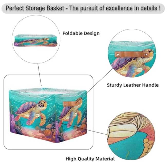 Storage Baskets for Shelves Cartoon Sea Turtle Tortoise Foldable Decorative Storage Basket Bins with Handles Storage Basket Box for Home, 1 Pcs