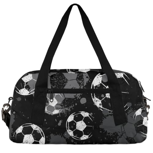 Black Grey Football Sport Soccer Kids Duffle Bag Boys Girls Small Sport Dance Gym Bag for Overnight Travel Weekender Carry On