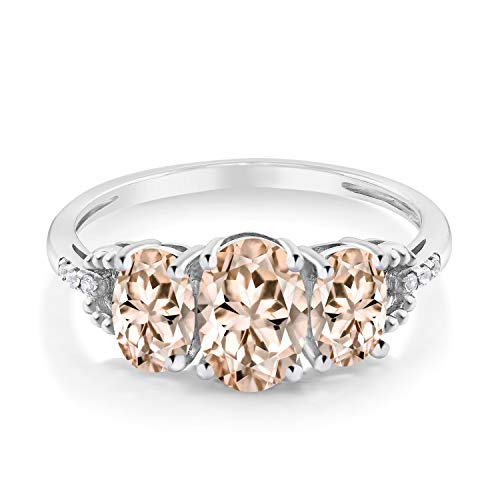 Gem Stone King 10K White Gold Oval Peach Morganite and Diamond Engagement 3-Stone Ring for Women | 1.67 Cttw | Gemstone Birthstone | Oval 7X5MM and 6X4MM | Available In Size 5, 6, 7, 8, 92