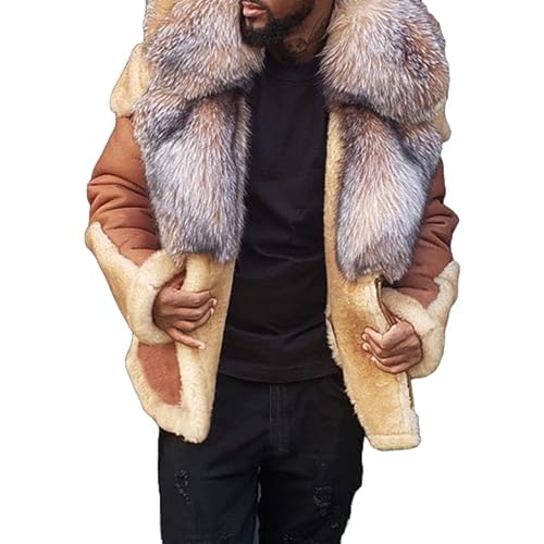 Men's Fox Fur Faux Coat Male Winter Faux Fur Collar Outwear Men Sherpa Lined Faux Leather Jacket