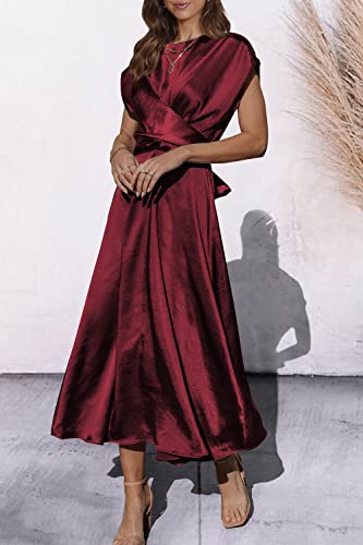 Prettygarden Women's 2023 Summer Satin Midi Dress Cap Sleeve Tie Waist Elegant A-Line Flowy Dresses (Wine Red,Small) #TOP7