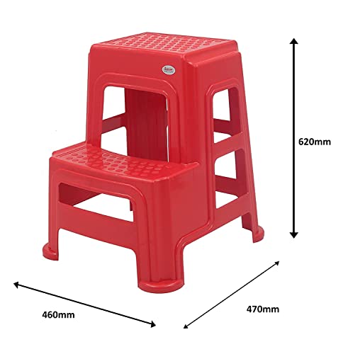 Image of SKYGLAMOUR Supreme Plastic Multi-Purpose Step Stool for Kitchen and Office Use with Weight Bearing Capacity of 150 Kg | 2 Step Stool for Home |Color: Red; Set of 1