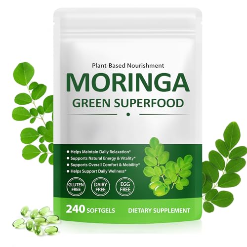 Moringa Capsules 240 Count - 6000 mg Moringa Leaf Extract Oil Softgels - Natural Green Superfood Supplement Rich in Antioxidants - Supports Energy Skin Bone Joint Immune & Gut Health