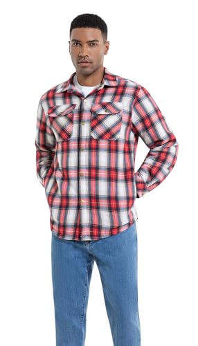 Image of Men's Sherpa Cotton Flannel Shirt Jacket Plaid Button Coat Pocket