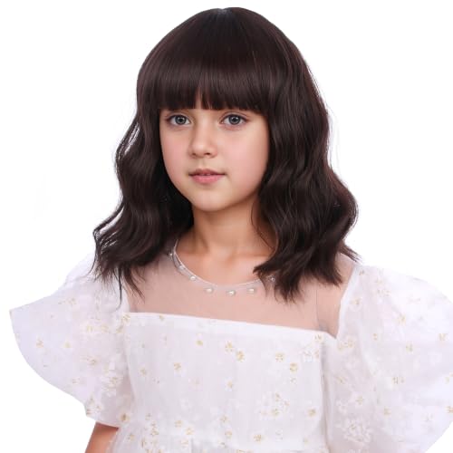 Image of Dark Brown Wig for Kids Girls Short Chocolate Brown Wavy Curly Wig Brown Wigs with Air Bangs for Children Heat Resistant Synthetic Wigs with Cap