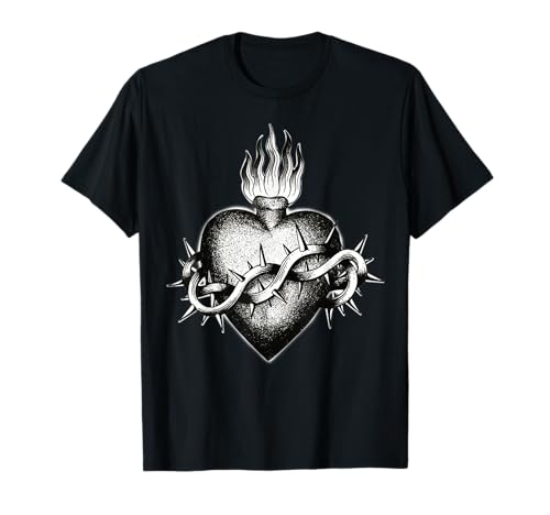 Sacred Flaming Heart Blackwork Tattoo Flash...
