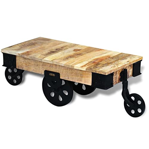 Gecheer Mesa de Centro con Ruedas de Madera de Mango Rugosa,Mesa Auxiliar de Centro Mesita de Salón o Comedor Mesa Baja para Sofa Salon,Type 1