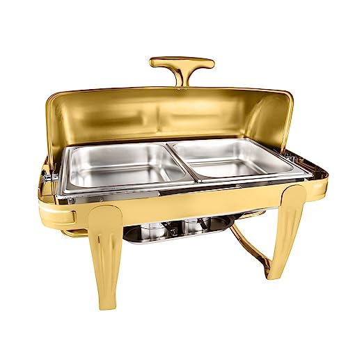 HONHPD Gold Roll Top Chafing Dish Buffet Set, 9 Quart Rectangular Stainless Steel Chafer, Buffet Servers and Warmers Set Warming Tray for Wedding, Parties, Banquet, Catering Events